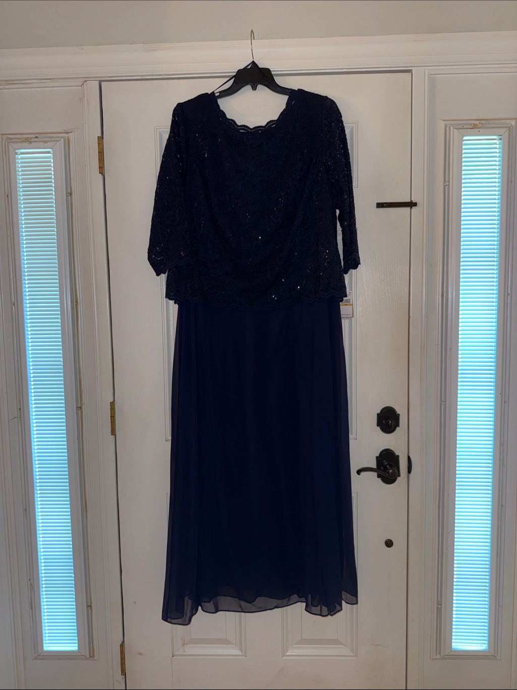 Alex Evenings Navy Blue Sequined Lace Bodice Long Sleeve Gown
